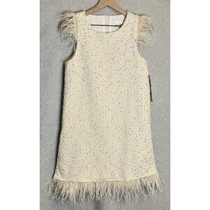 NEW Rare Editions Girls Sz 16 Dress Cream Sleeveless Foil Boucle w/Faux Feathers